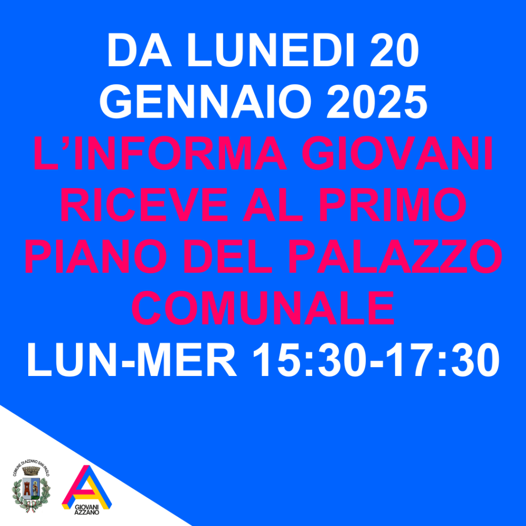 L'informa giovani dal 20 gennaio riceve all'interno del palazzo comunale di Azzano San Paolo