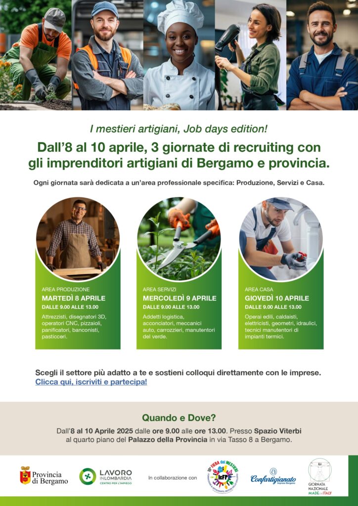 I mestieri artigiani, Job days edition! Dall'8 al 10 aprile, 3 giornate di recruiting con gli imprenditori artigiani di Bergamo e provincia