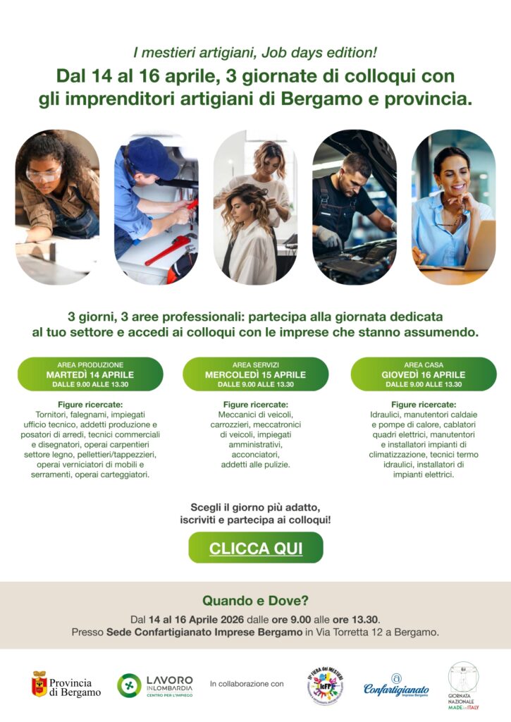 Lavoro e artigianato: a Bergamo arrivano i "Job Days" il 14,15 e 16 aprile